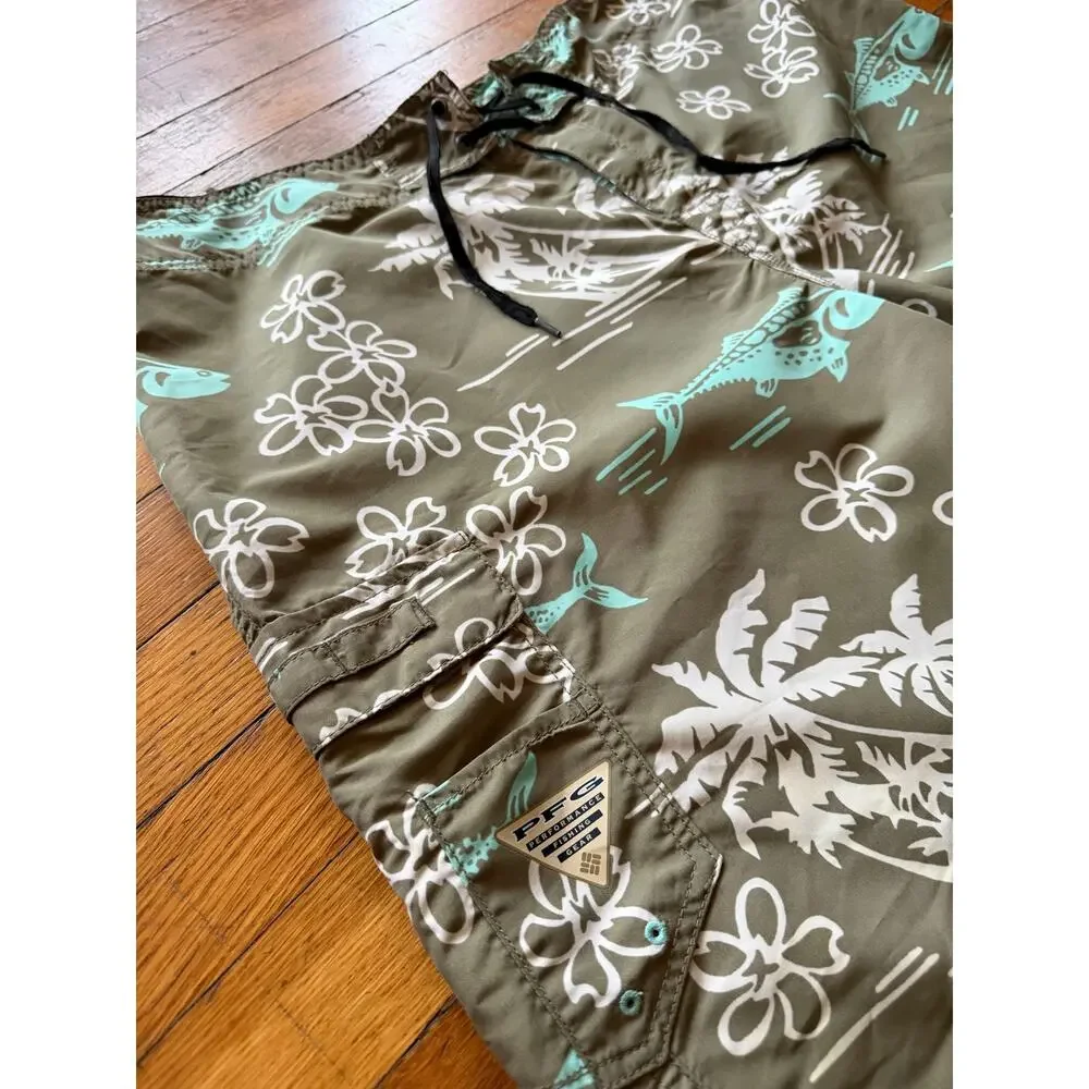 COLUMBIA PFG Omni-Shade 'Fish Responsibly' Green Swim Shorts Mens sz 38